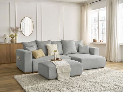 Canapé d'angle convertible réversible coffre SIDONIE velours côtelé avec pouf