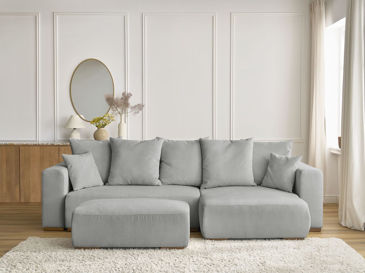 Canapé d'angle convertible réversible coffre SIDONIE velours côtelé avec pouf gris clair — vue 5