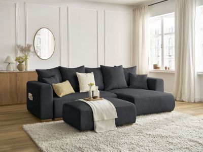 Canapé d'angle convertible réversible coffre SIDONIE velours côtelé avec pouf