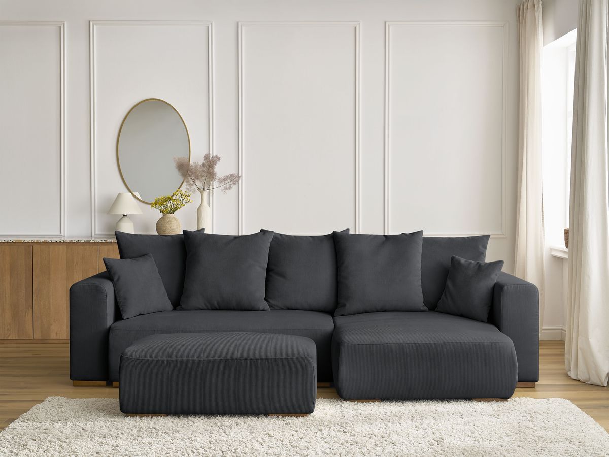 Canapé d'angle convertible réversible coffre SIDONIE velours côtelé avec pouf noir — vue 5