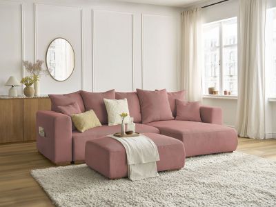 Canapé d'angle convertible réversible coffre SIDONIE velours côtelé avec pouf