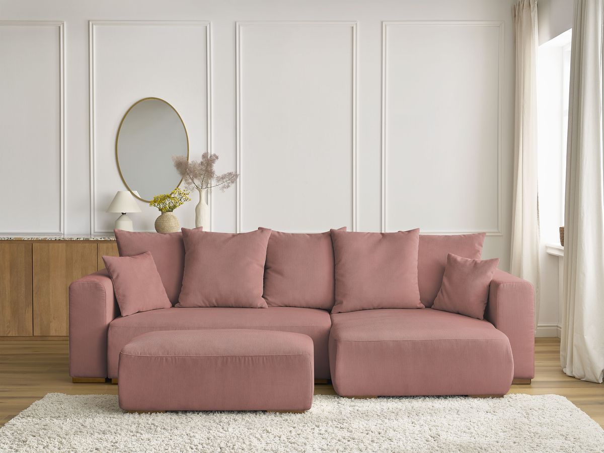 Canapé d'angle convertible réversible coffre SIDONIE velours côtelé avec pouf rose — vue 5