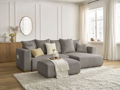 Canapé d'angle convertible réversible coffre SIDONIE velours côtelé avec pouf