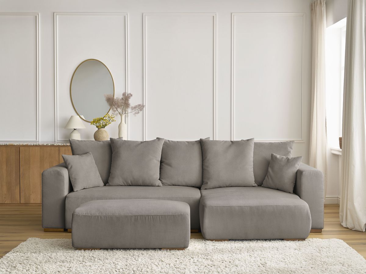 Canapé d'angle convertible réversible coffre SIDONIE velours côtelé avec pouf taupe — vue 5