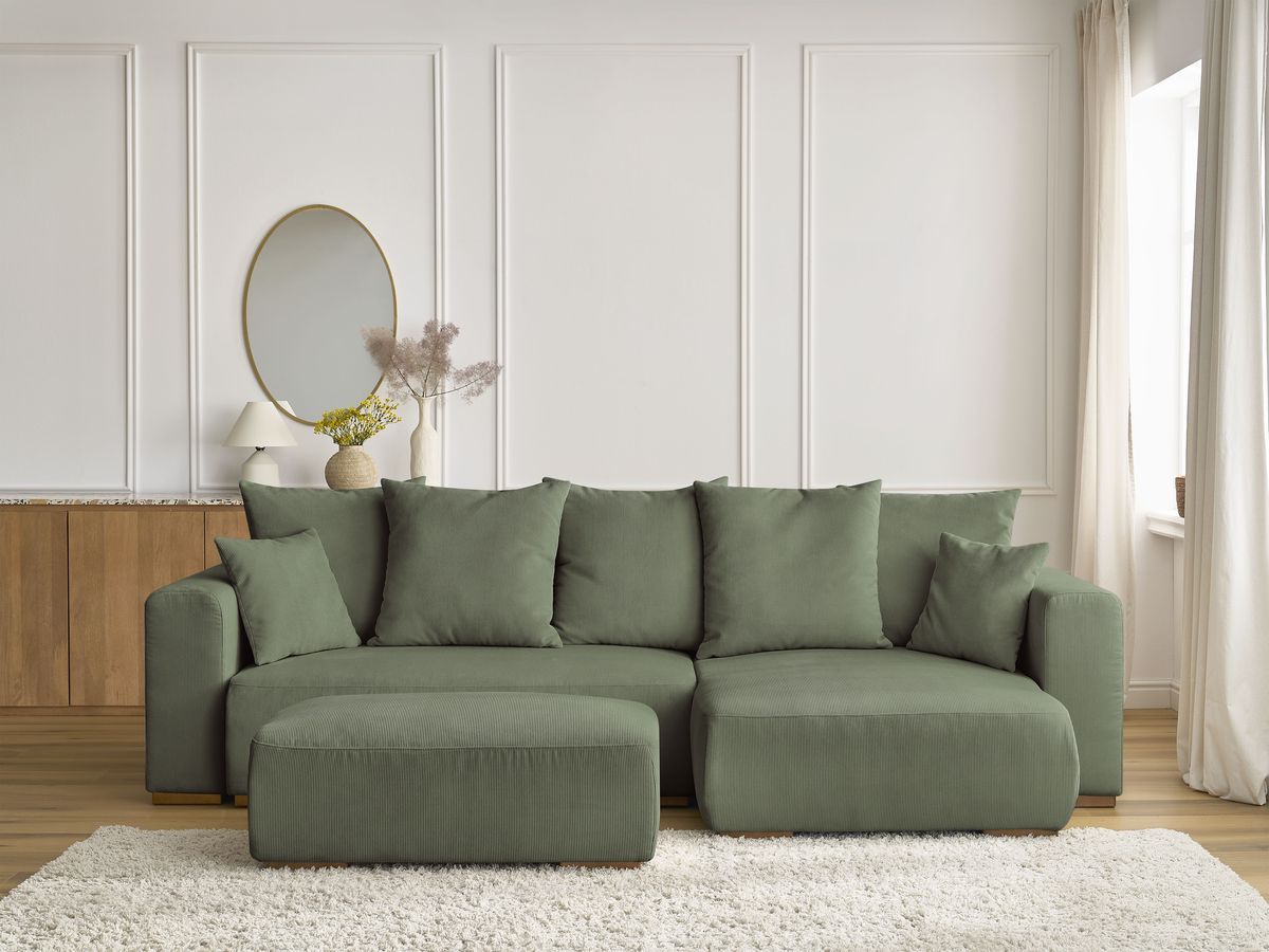 Canapé d'angle convertible réversible coffre SIDONIE velours côtelé avec pouf vert — vue 5