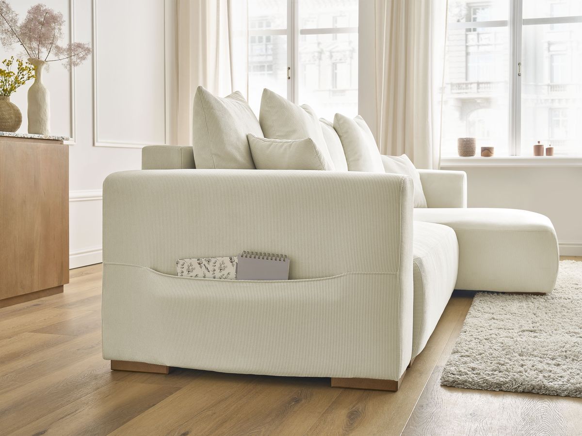 Canapé d'angle fixe EVEREST tissu chiné - Orange - Angle droit - 10 coussins