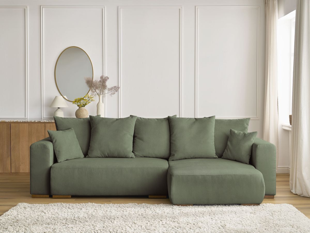 Canapé d'angle convertible réversible coffre SIDONIE velours côtelé vert — vue 5