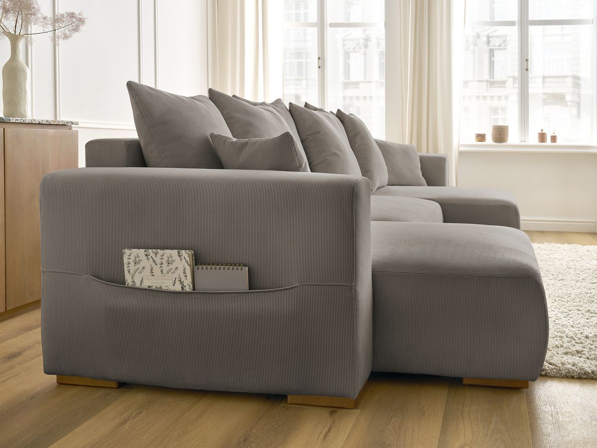 Canapé d'angle fixe EVEREST tissu chiné - Orange - Angle droit - 10 coussins