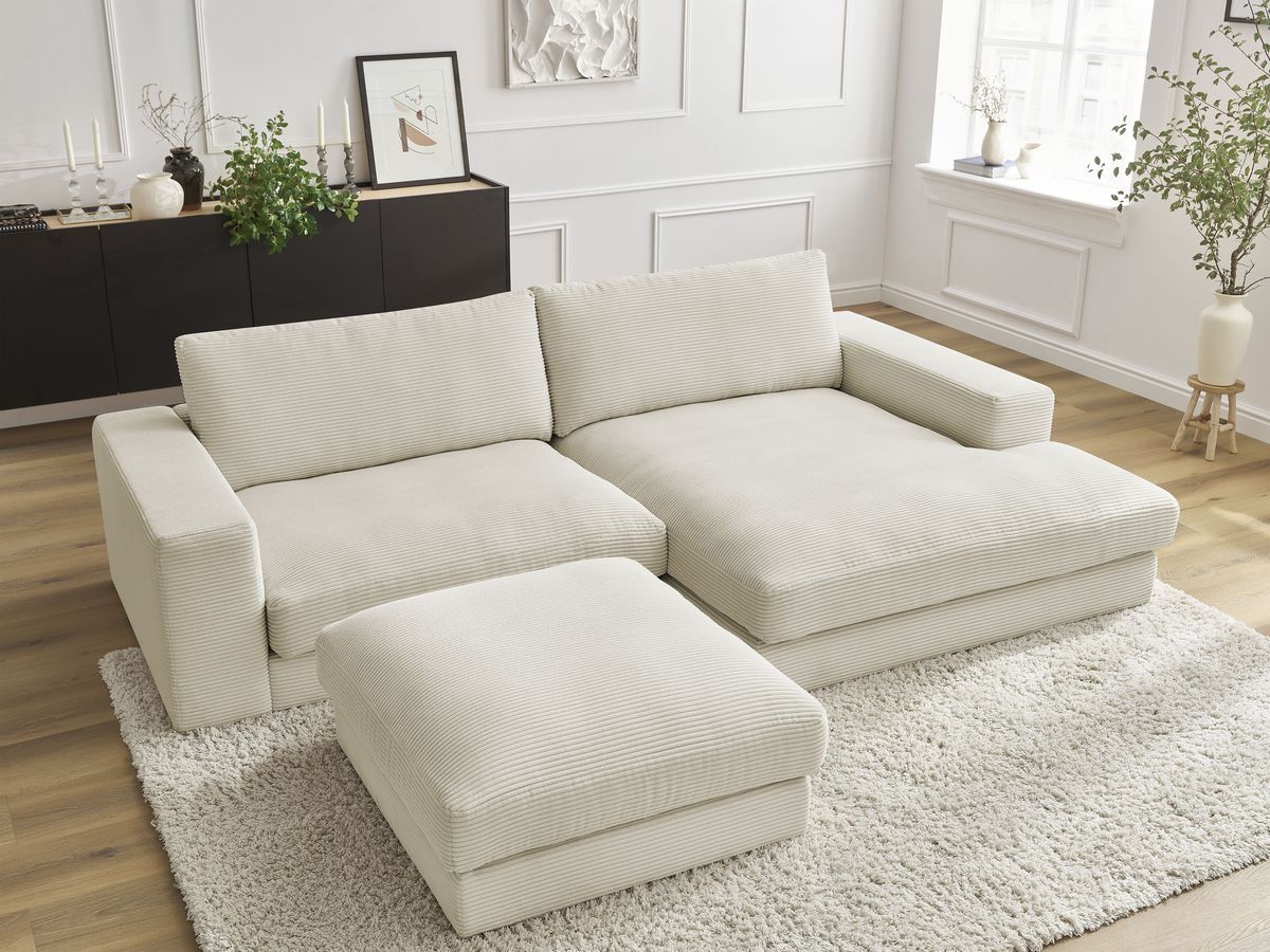 Canapé d'angle fixe compact LEONARD velours côtelé avec pouf beige  angle droit BOBOCHIC 3 places - Vue supplémentaire 3