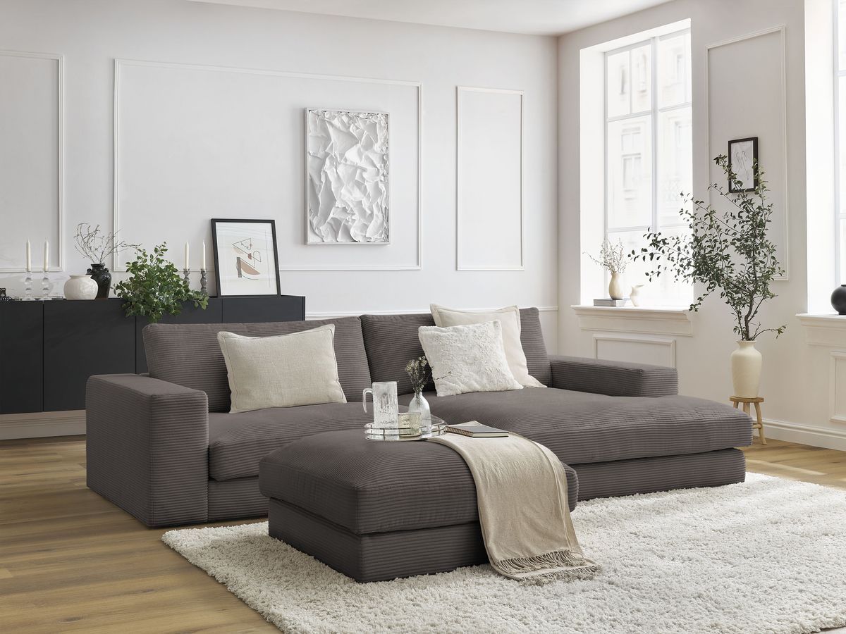 Canapé d'angle fixe compact LEONARD velours côtelé avec pouf