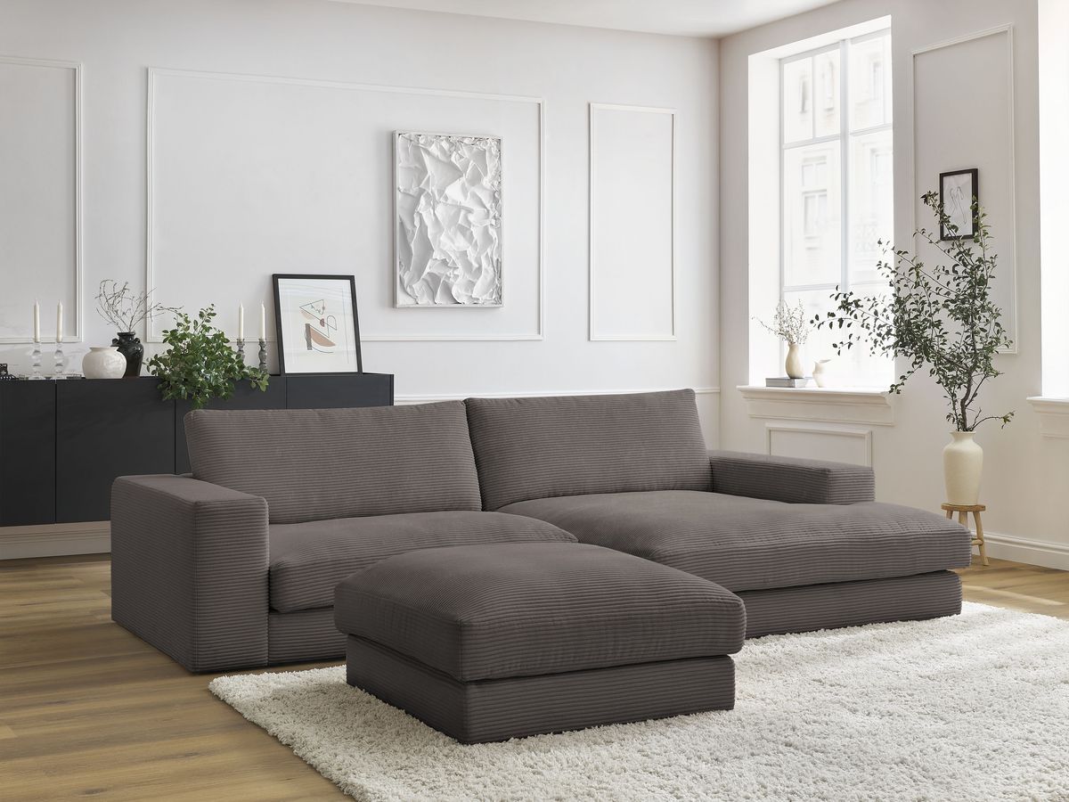 Canapé d'angle fixe compact LEONARD velours côtelé avec pouf