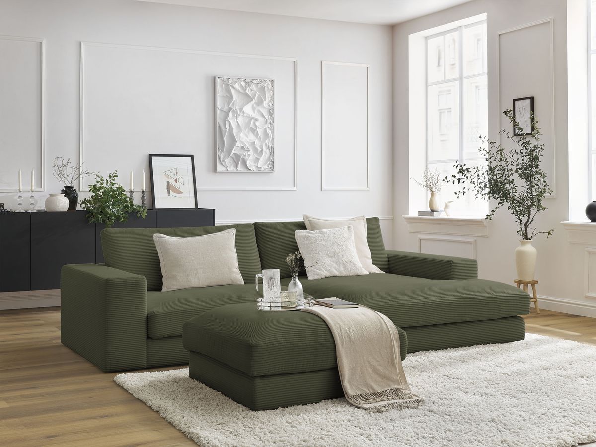 Canapé d'angle fixe compact LEONARD velours côtelé avec pouf vert clair  angle droit BOBOCHIC 3 places