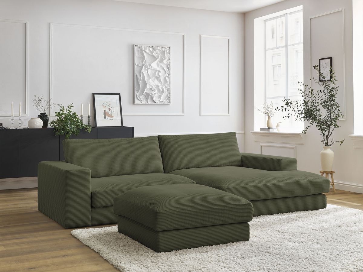 Canapé d'angle fixe compact LEONARD velours côtelé avec pouf vert clair  angle droit BOBOCHIC 3 places - Vue supplémentaire 2