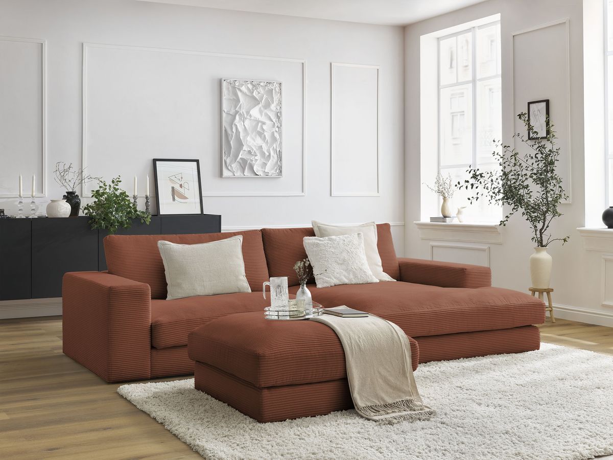Canapé d'angle fixe compact LEONARD velours côtelé avec pouf