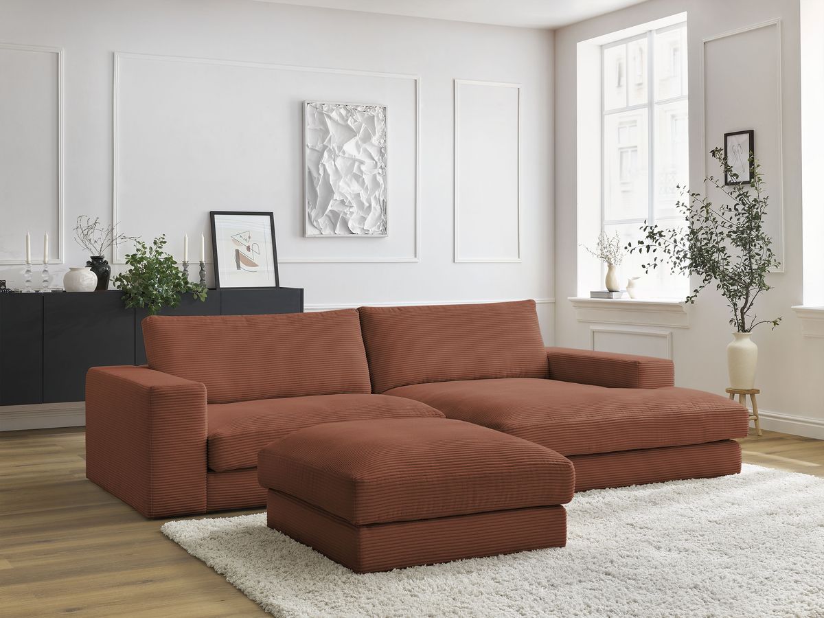 Canapé d'angle fixe compact LEONARD velours côtelé avec pouf orange  angle droit BOBOCHIC 3 places - Vue supplémentaire 2