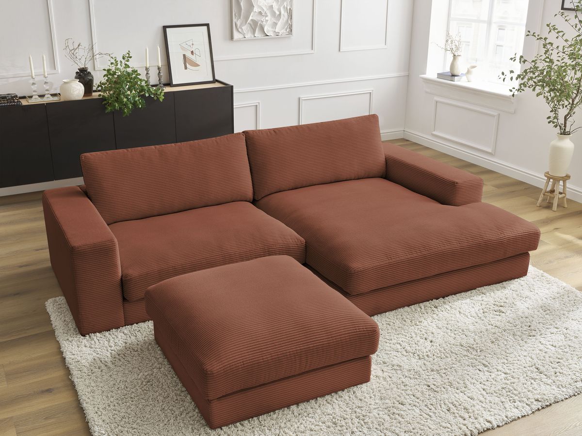 Canapé d'angle fixe compact LEONARD velours côtelé avec pouf orange  angle droit BOBOCHIC 3 places - Vue supplémentaire 3