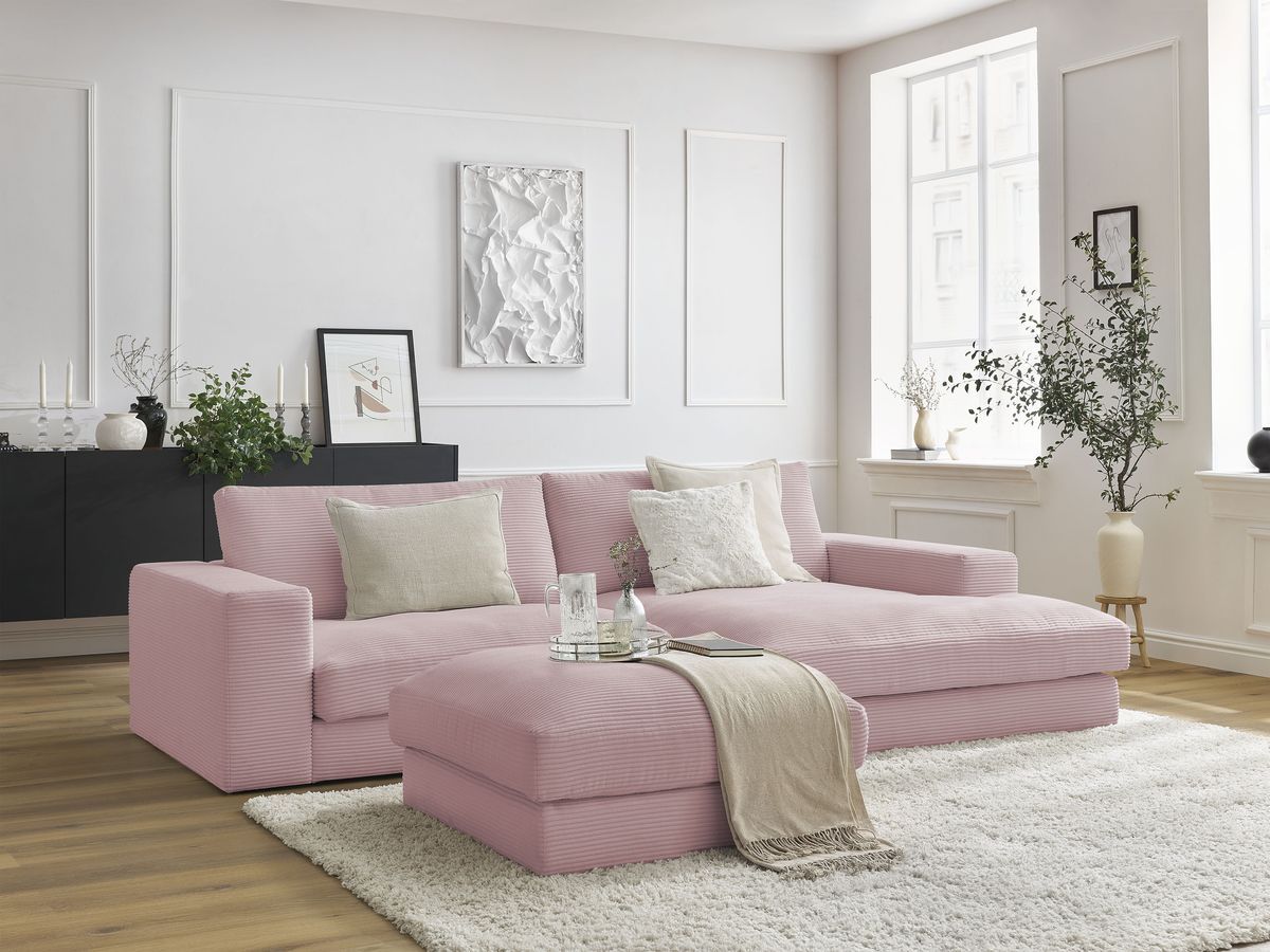 Canapé d'angle fixe compact LEONARD velours côtelé avec pouf