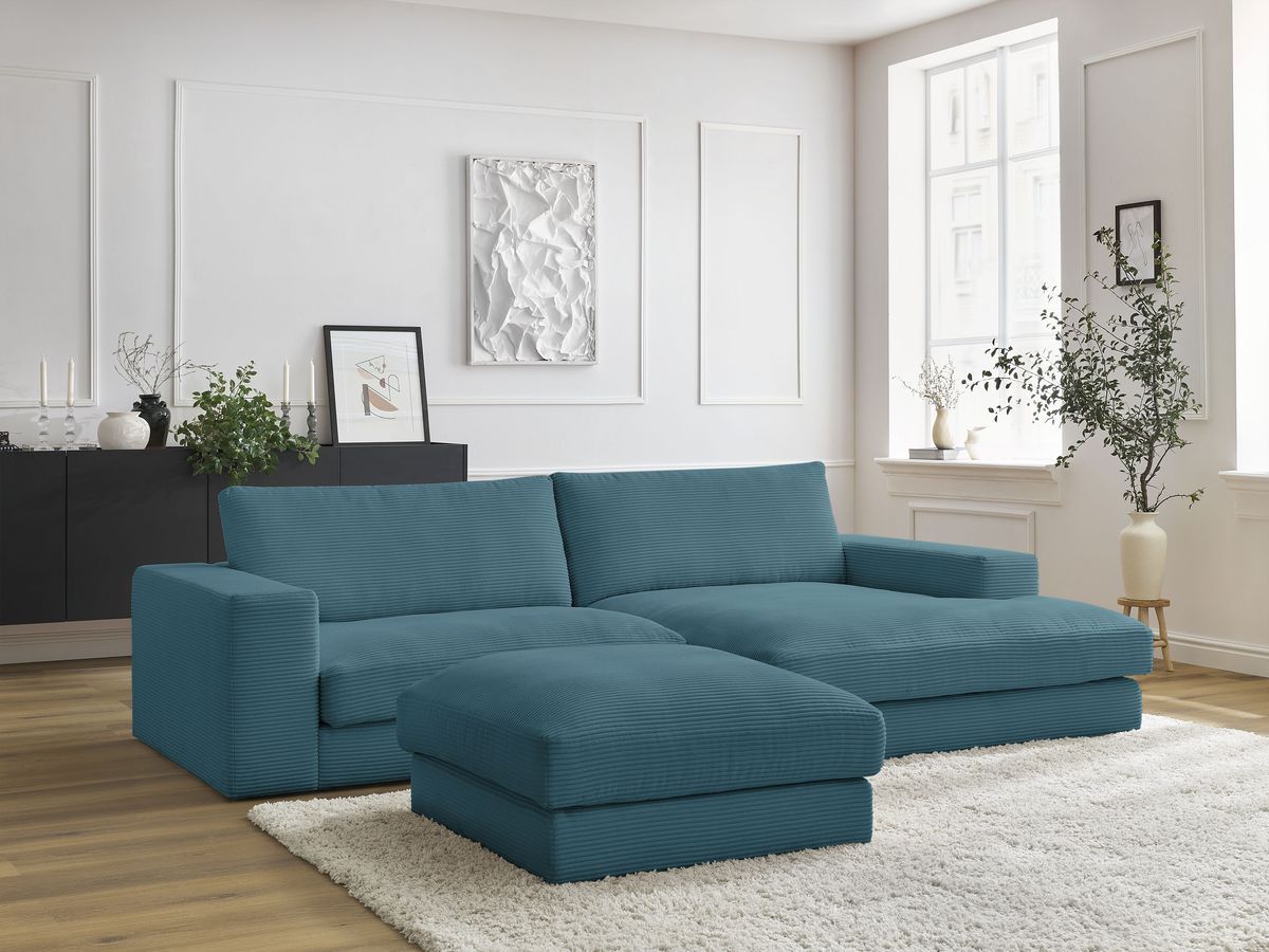 Canapé d'angle fixe compact LEONARD velours côtelé avec pouf bleu clair  angle droit BOBOCHIC 3 places - Vue supplémentaire 2