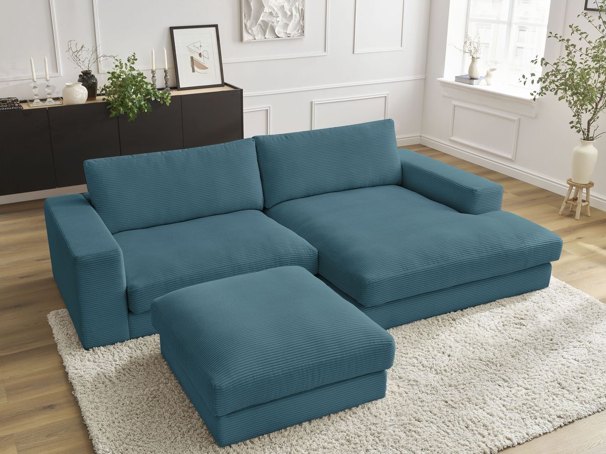 Canapé d'angle fixe compact LEONARD velours côtelé avec pouf bleu clair  angle droit BOBOCHIC 3 places - Vue supplémentaire 3