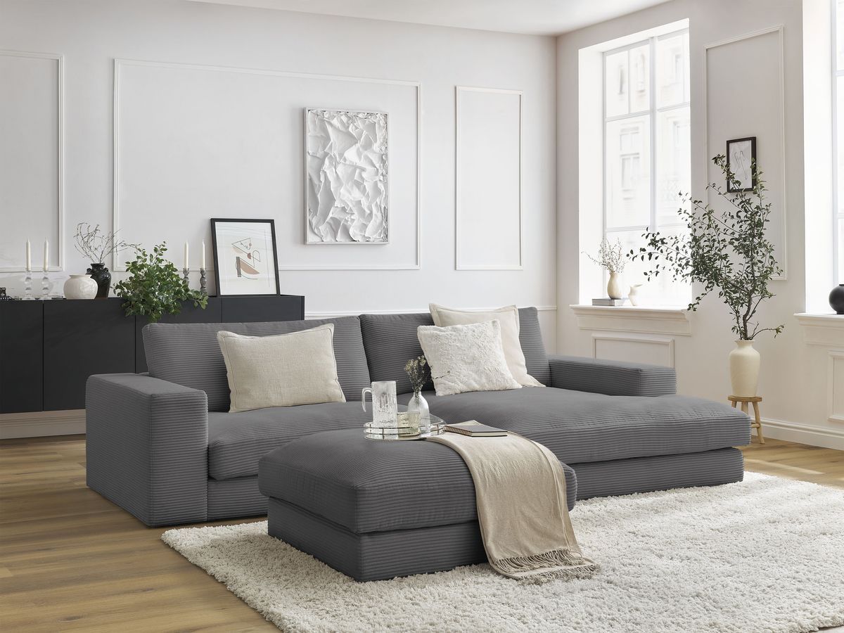 Canapé d'angle fixe compact LEONARD velours côtelé avec pouf gris foncé  angle droit BOBOCHIC 3 places