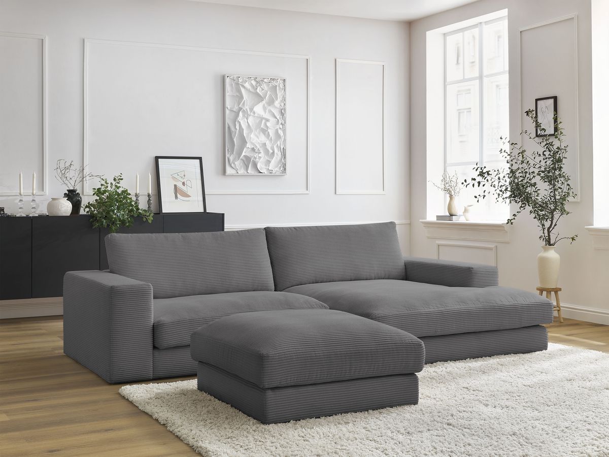 Canapé d'angle fixe compact LEONARD velours côtelé avec pouf gris foncé  angle droit BOBOCHIC 3 places - Vue supplémentaire 2