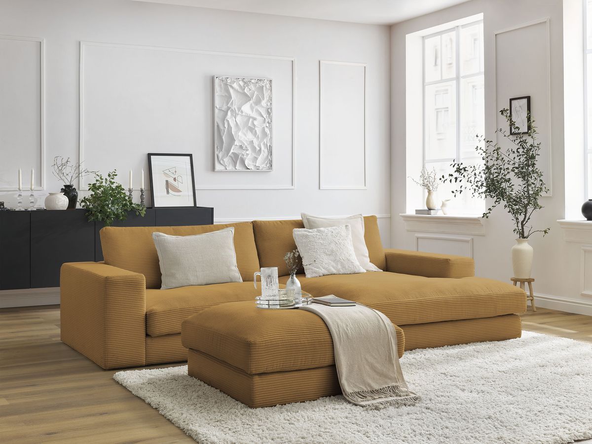 Canapé d'angle fixe compact LEONARD velours côtelé avec pouf