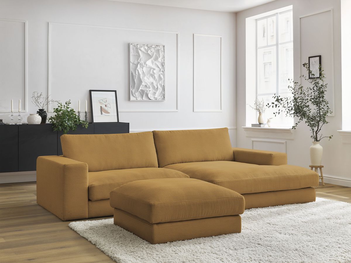Canapé d'angle fixe compact LEONARD velours côtelé avec pouf jaune  angle droit BOBOCHIC 3 places - Vue supplémentaire 2