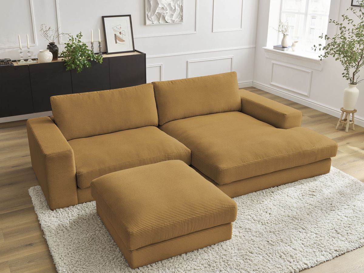 Canapé d'angle fixe compact LEONARD velours côtelé avec pouf jaune  angle droit BOBOCHIC 3 places - Vue supplémentaire 3