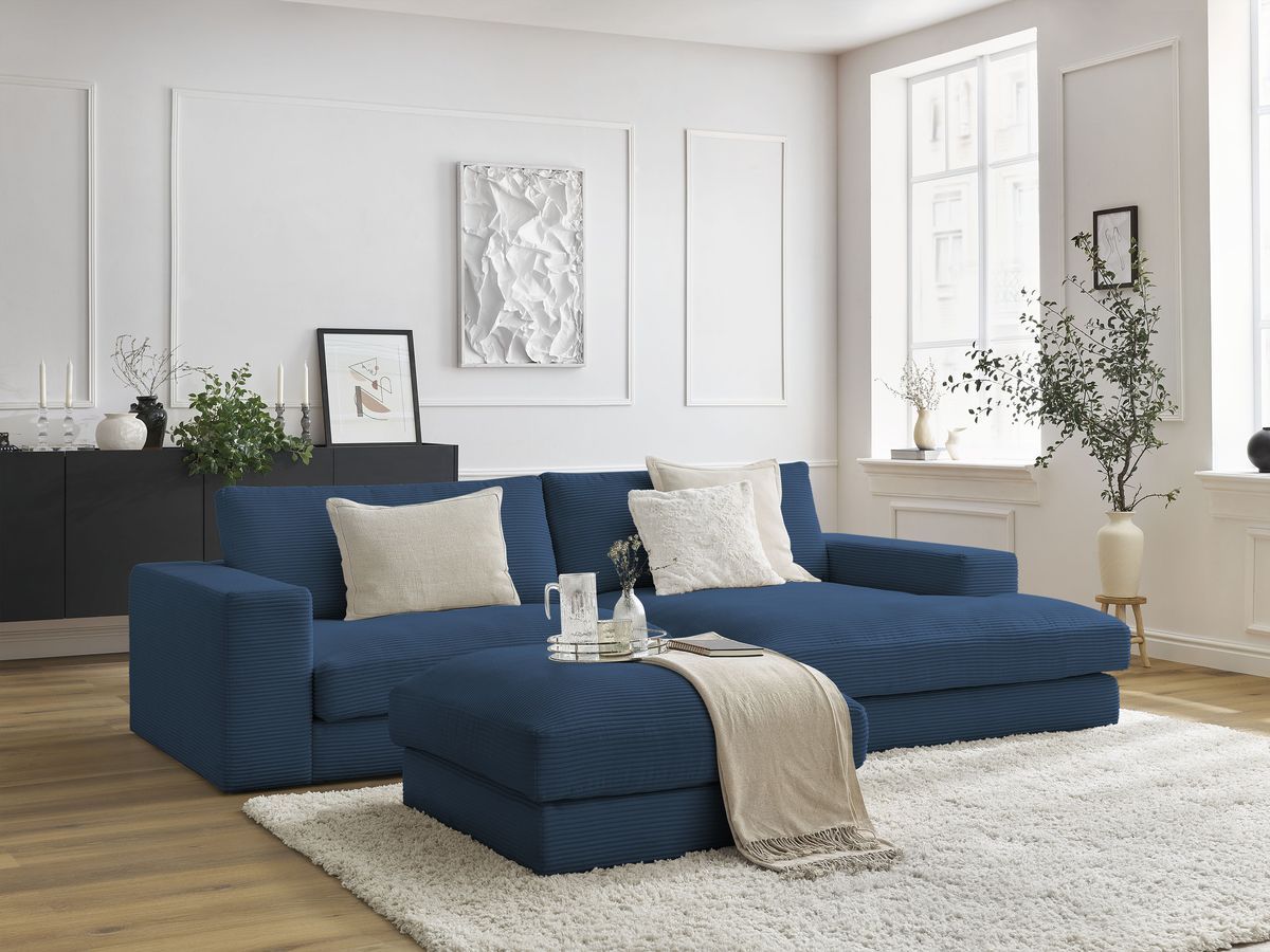 Canapé d'angle fixe compact LEONARD velours côtelé avec pouf