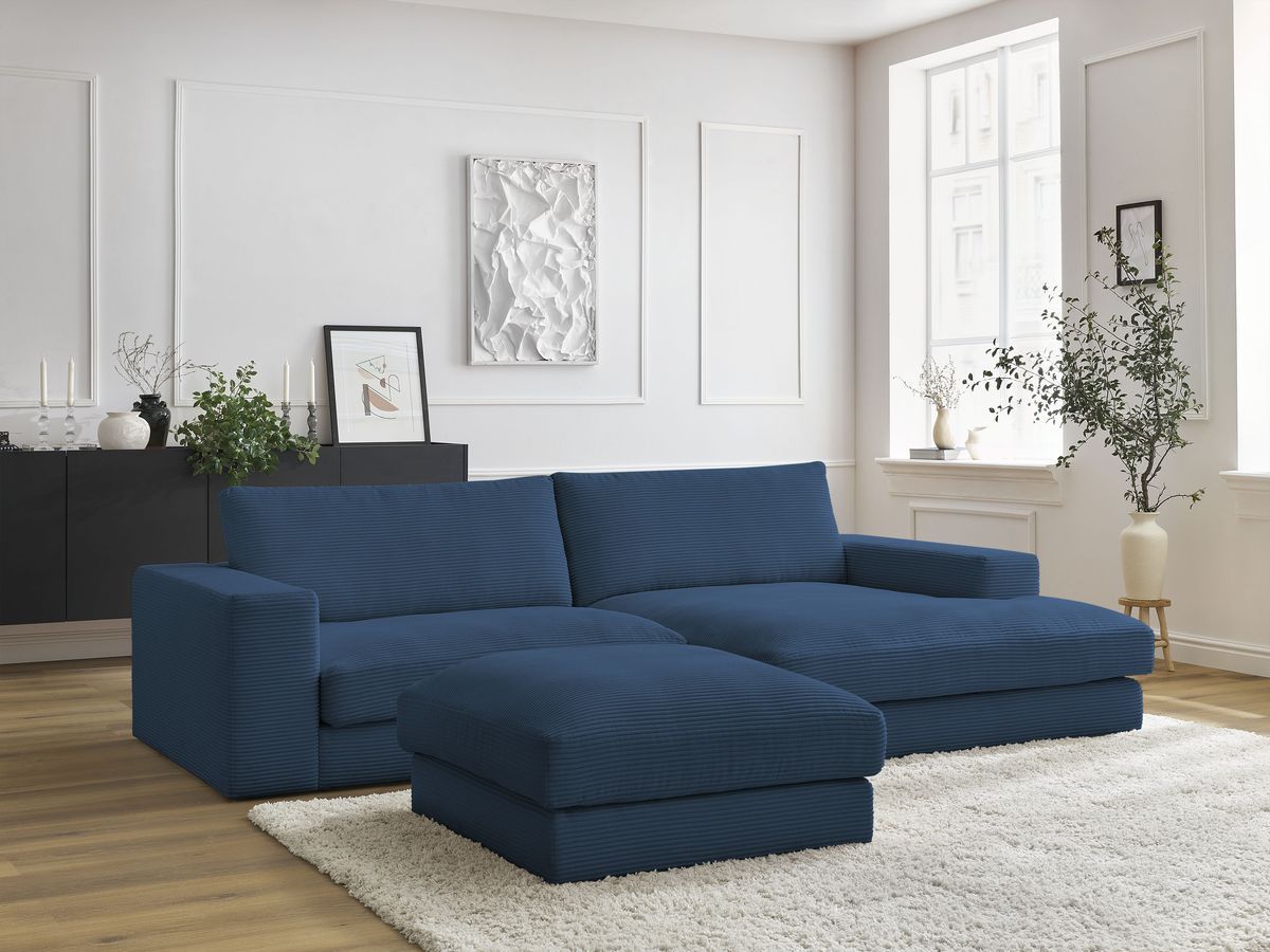 Canapé d'angle fixe compact LEONARD velours côtelé avec pouf bleu foncé  angle droit BOBOCHIC 3 places - Vue supplémentaire 2