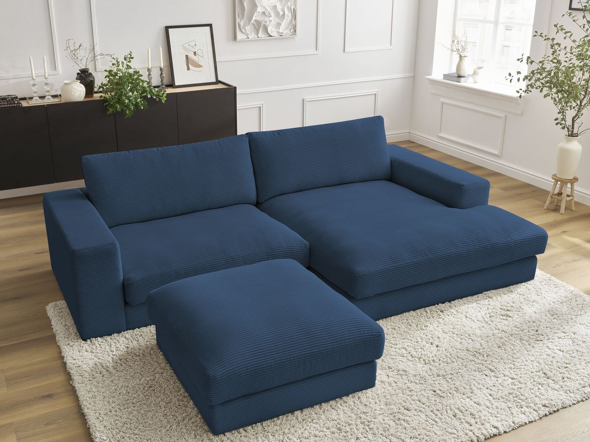 Canapé d'angle fixe compact LEONARD velours côtelé avec pouf bleu foncé  angle droit BOBOCHIC 3 places - Vue supplémentaire 3
