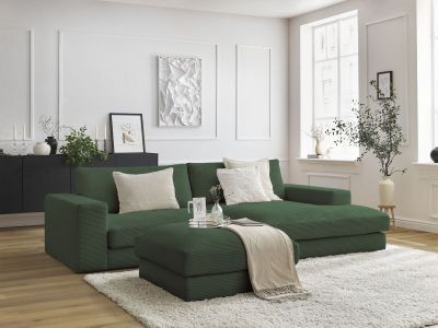 Canapé d'angle fixe compact LEONARD velours côtelé avec pouf
