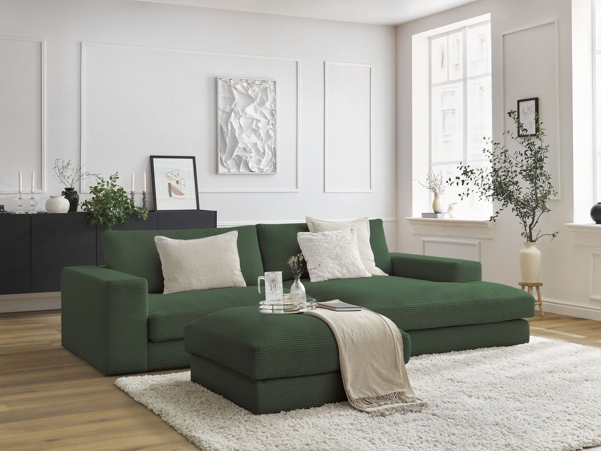 Canapé d'angle fixe compact LEONARD velours côtelé avec pouf vert foncé  angle droit BOBOCHIC 3 places