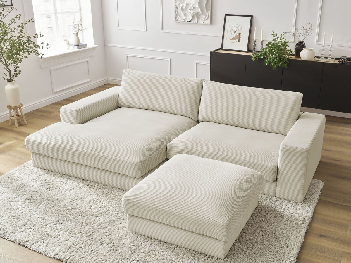 Canapé d'angle fixe compact LEONARD velours côtelé avec pouf beige  angle gauche BOBOCHIC 3 places - Vue supplémentaire 3