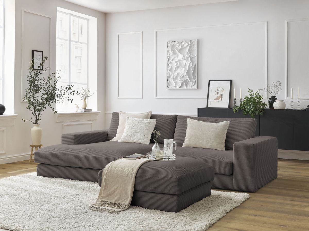 Canapé d'angle fixe compact LEONARD velours côtelé avec pouf