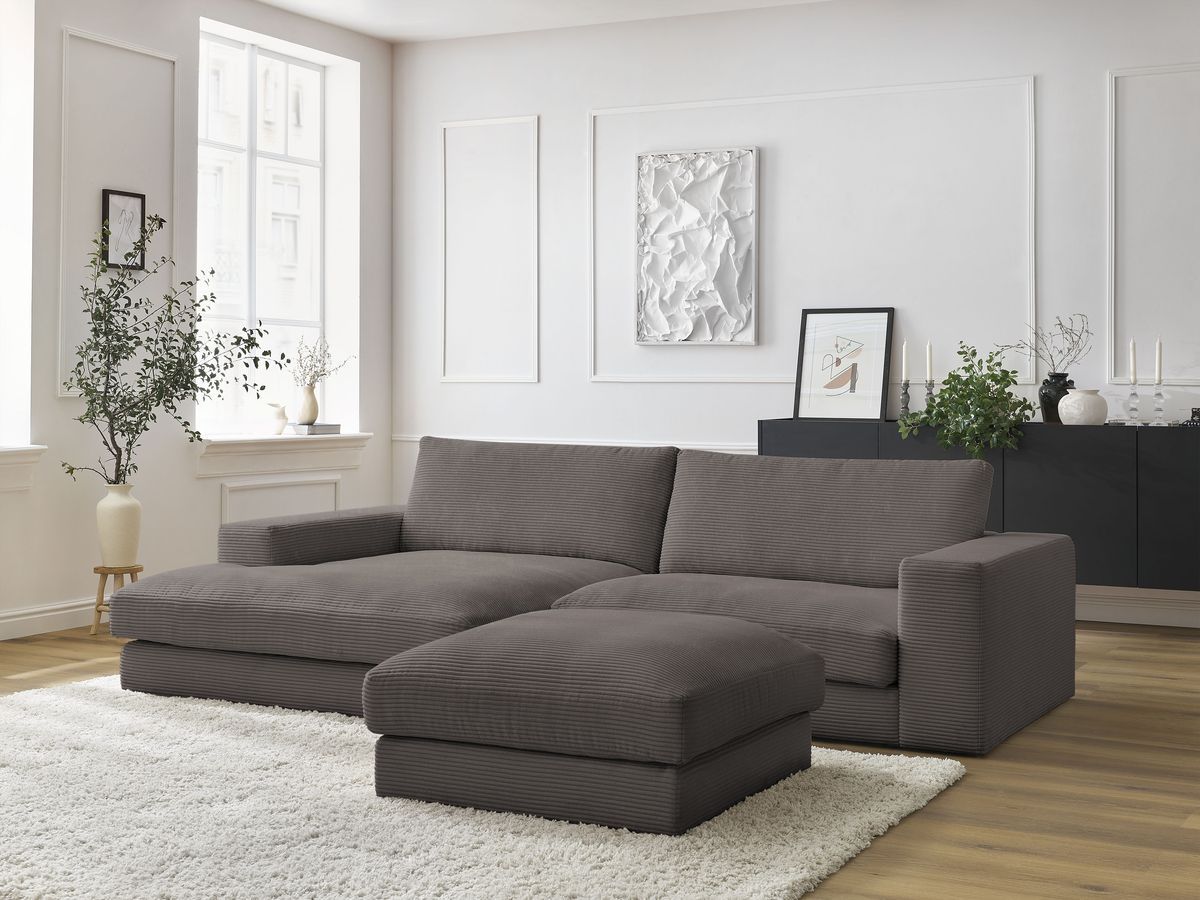Canapé d'angle fixe compact LEONARD velours côtelé avec pouf