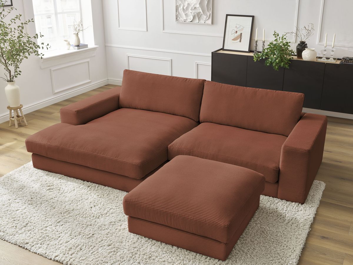 Canapé d'angle fixe compact LEONARD velours côtelé avec pouf orange  angle gauche BOBOCHIC 3 places - Vue supplémentaire 3