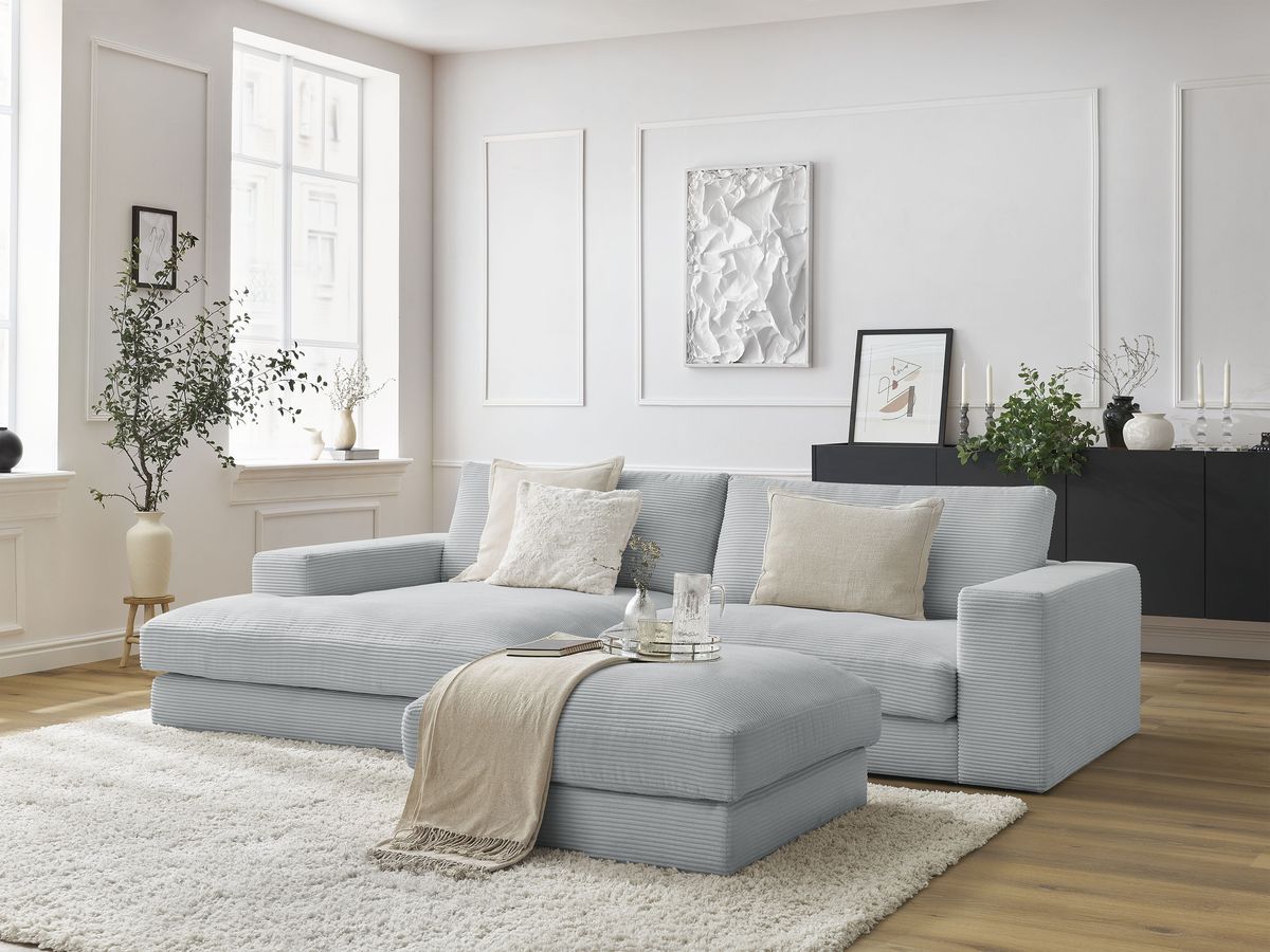 Canapé d'angle fixe compact LEONARD velours côtelé avec pouf gris clair  angle gauche BOBOCHIC 3 places