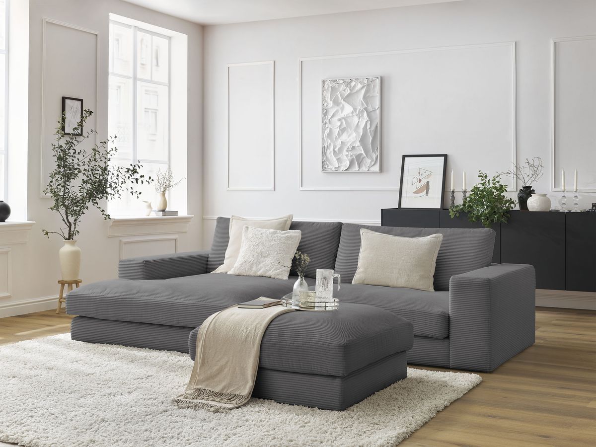 Canapé d'angle fixe compact LEONARD velours côtelé avec pouf gris foncé  angle gauche BOBOCHIC 3 places