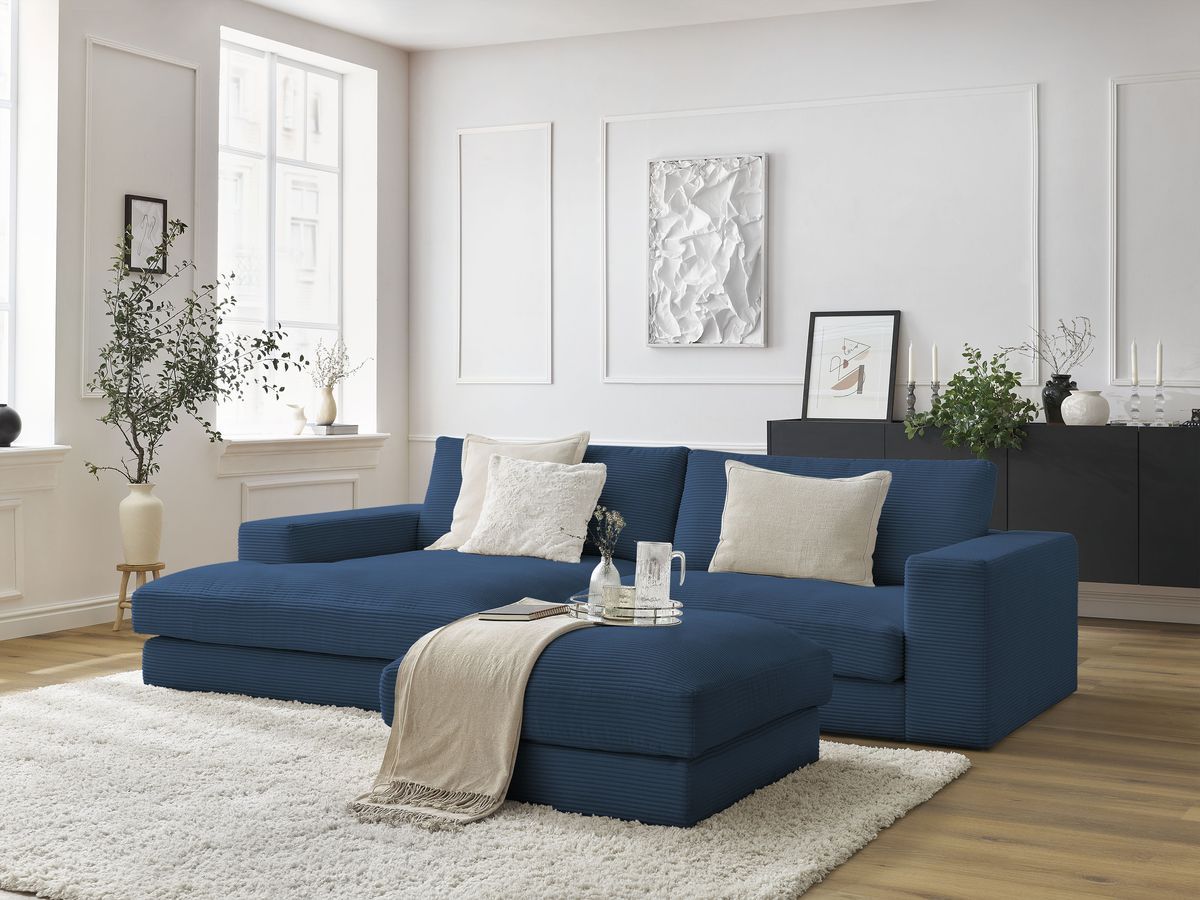 Canapé d'angle fixe compact LEONARD velours côtelé avec pouf bleu foncé  angle gauche BOBOCHIC 3 places