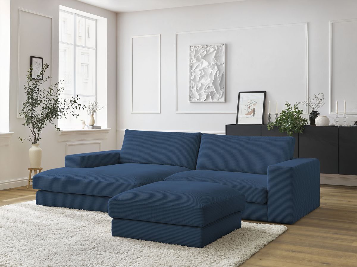 Canapé d'angle fixe compact LEONARD velours côtelé avec pouf bleu foncé  angle gauche BOBOCHIC 3 places - Vue supplémentaire 2