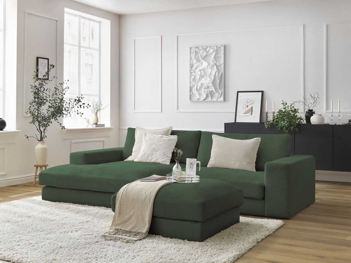 Canapé d'angle fixe compact LEONARD velours côtelé avec pouf vert foncé  angle gauche BOBOCHIC 3 places