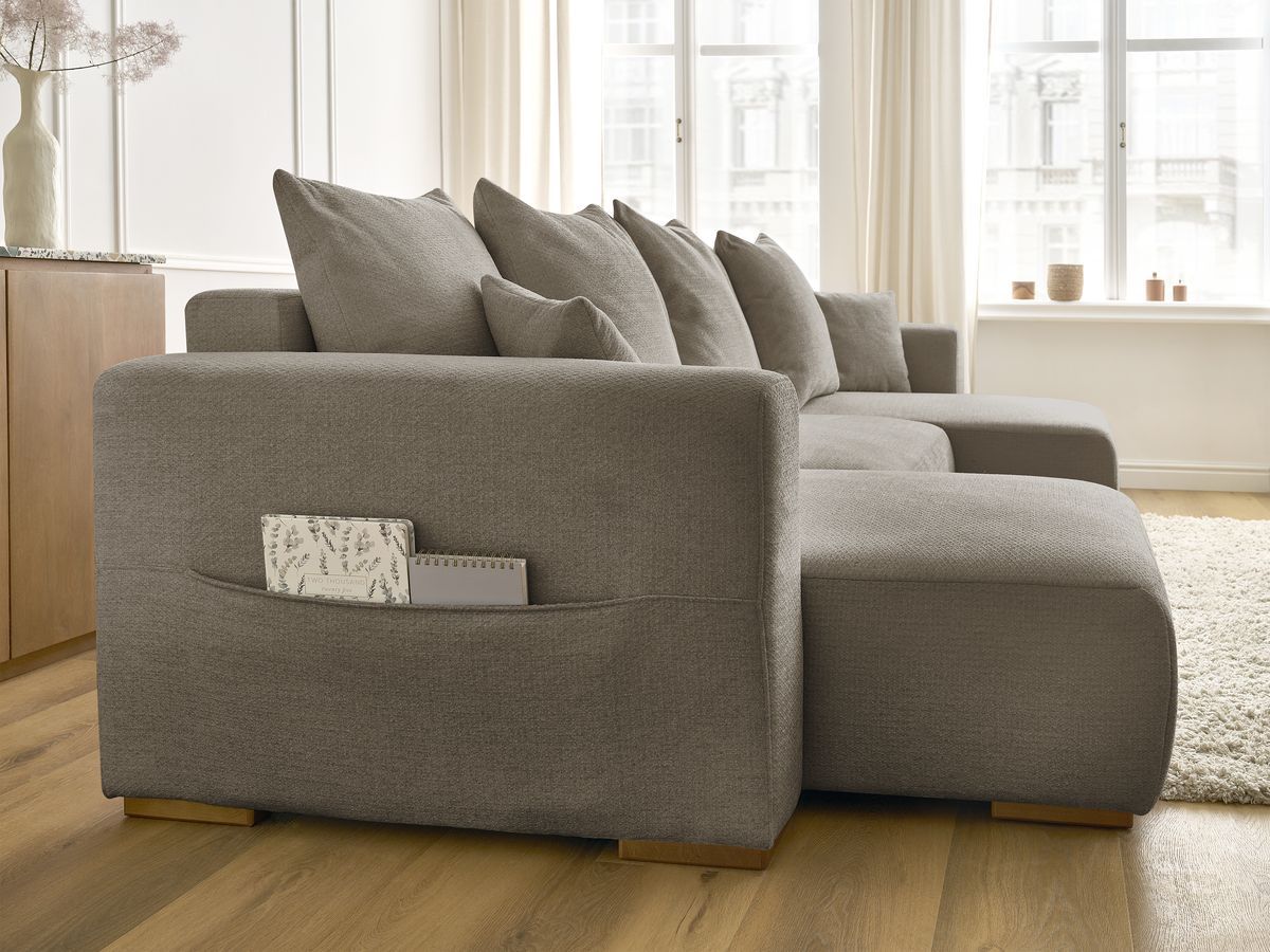Canapé d'angle fixe EVEREST tissu chiné - Orange - Angle droit - 10 coussins