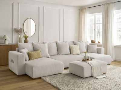 Canapé panoramique convertible coffre SIDONIE tissu chiné avec pouf