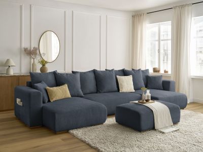 Canapé panoramique convertible coffre SIDONIE tissu chiné avec pouf