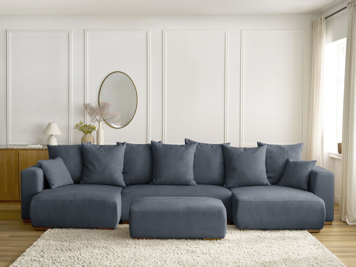 Canapé panoramique convertible coffre SIDONIE chiné avec pouf bleu foncé — vue 5