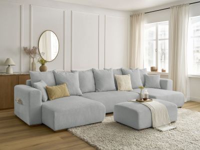 Canapé panoramique convertible coffre SIDONIE tissu chiné avec pouf