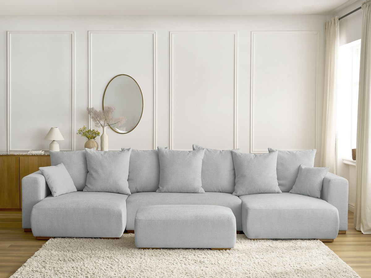 Canapé panoramique convertible coffre SIDONIE chiné avec pouf gris clair — vue 5