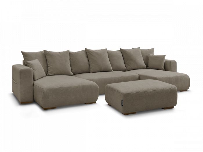 Canapé panoramique convertible coffre SIDONIE tissu chiné avec pouf