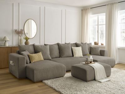 Canapé panoramique convertible coffre SIDONIE tissu chiné avec pouf